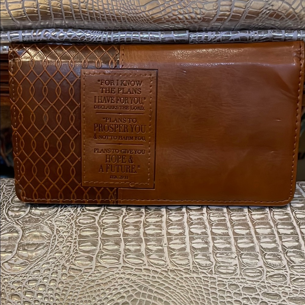 Embossed Leather Checkbook Wallet with Inspirational Verse